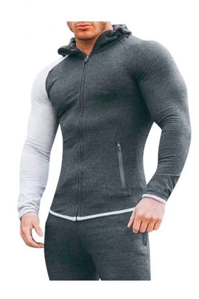 Men's New Stylish Colorblock Long Sleeve Zipped Pocket Slim Fit Sports Zip Up Hoodie