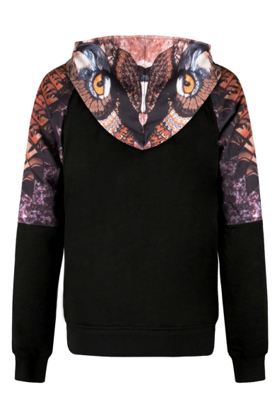 Men's New Stylish Colorblock Owl Printed Long Sleeve Black Casual Pocket Hoodie