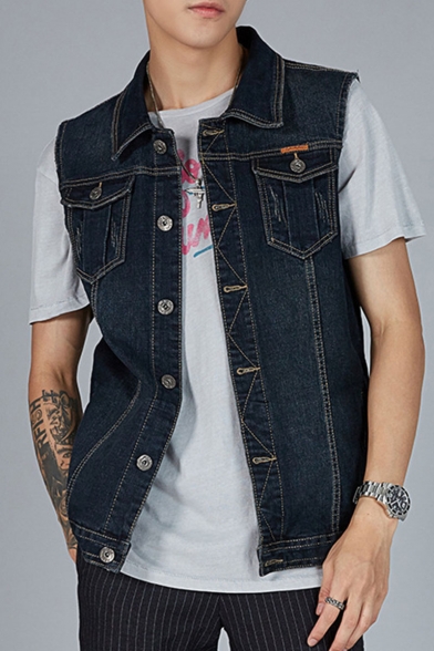 Men's New Trendy Plain Button Closure Sleeveless Plus Size Denim Vest Jacket