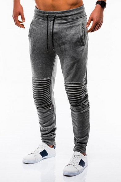 Men's Popular Fashion Pleated Patched Simple Plain Drawstring Waist Casual Cotton Jogging Sweatpants