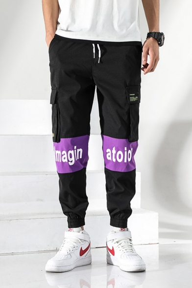 Men's Trendy Colorblock Letter IMAGINATION Printed Drawstring Waist Elastic Cuffs Black Casual Cargo Pants