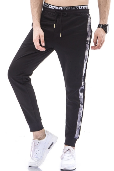 Men's Trendy Popular Camouflage Patched Side Black Drawstring Waist Casual Sweatpants