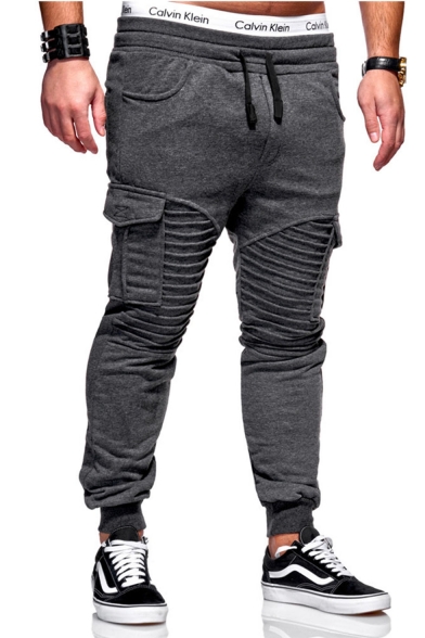 Mens Hot Fashion Solid Color Pleated Patched Drawstring Waist Slim Casual Cargo Pants with Side Pockets