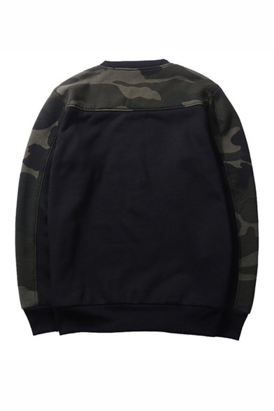 Mens New Fashion Camouflage Patched Round Neck Long Sleeve Casual Trendy Pullover Sweatshirts