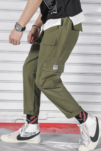 Mens New Fashion Solid Color Multi-pocket Drawstring Waist Casual Sports Cargo Pants