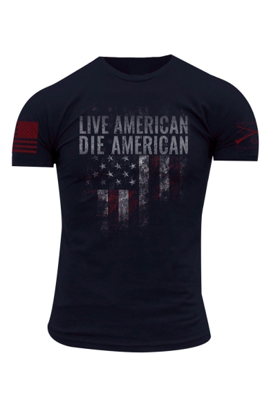 Mens Stylish Letter LIVE AMERICAN Flag Pattern Round Neck Short Sleeve Casual Graphic T-Shirt