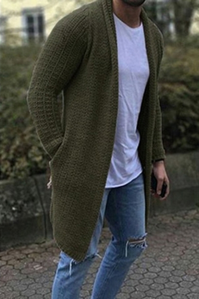 Mens Trendy Simple Plain Open Front Fitted Longline Knitwear Cardigan