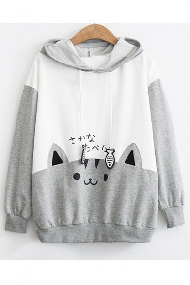 New Arrival Long Sleeve Colorblock Patch Cat Fish Printed Casual Loose Pullover Hoodie