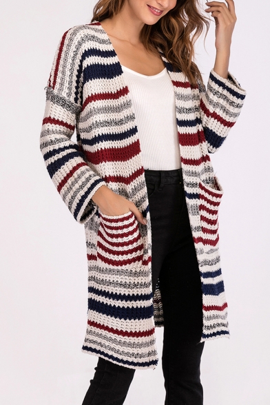 New Arrival Strip Print Drop Sleeve Open Front Cardigan with Pockets for Women