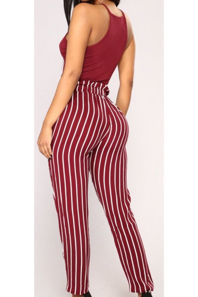 New Arrival Vertical Striped Tie Waist Jumpsuits for Lady
