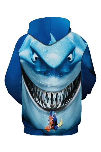 New Fashion Cartoon Shark 3D Printed Long Sleeve Casual Loose Fit Blue Drawstring Hoodie