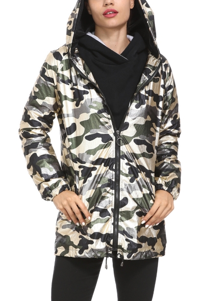 New Fashion Classic Camouflage Printed Zip Up Hooded Long Metallic Outdoor Coat