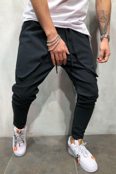 New Fashion Solid Color Drawstring Waist Large Pocket Design Hip Pop Trendy Black Joggers Pants Sports Pencil Pants