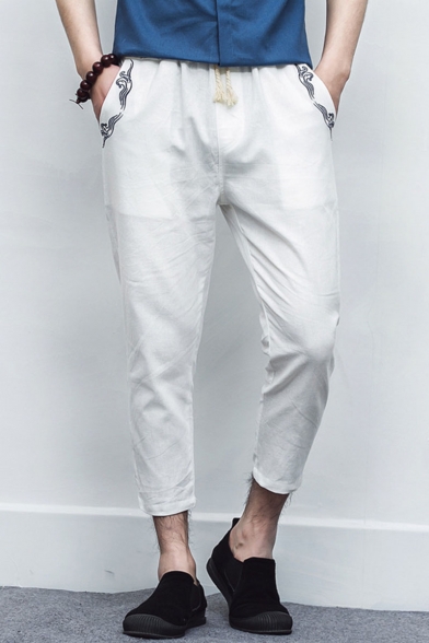 New Fashion Unique Embroidery Pattern Drawstring Waist Men's Casual Tapered Pants