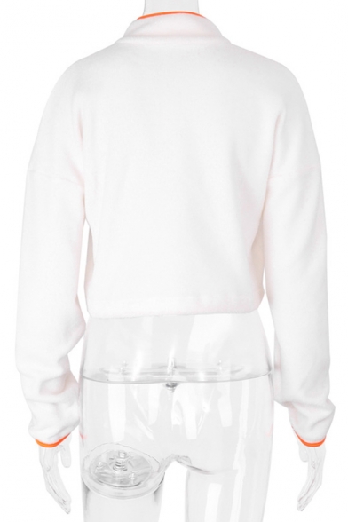 New Fashion White Half-Zip Stand Collar Long Sleeve Plain Cropped Sweatshirt With Pocket
