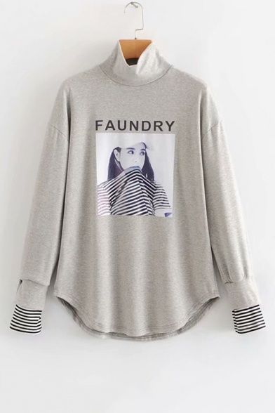 New Leisure FAUNDRY Letter Printed High Neck Striped Cuff Long Sleeve Loose Sweatshirt