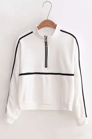 New Leisure Striped Zippered Stand Collar Long Sleeves Sweatshirt