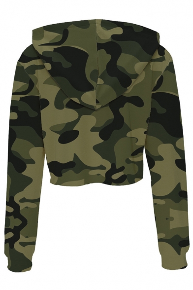 New Popular Green TRAP LORD Letter Camouflage Printed Long Sleeve Loose Cropped Hoodie