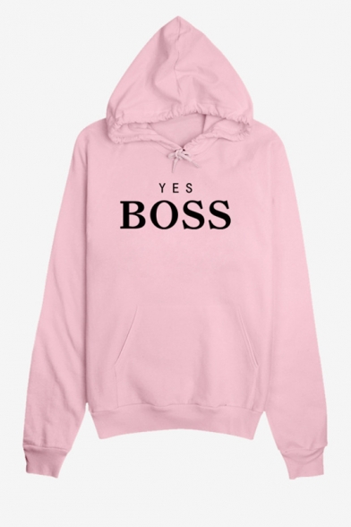 New Popular YES BOSS Letter Printed Long Sleeve Pocket Pullover Drawstring Hoodie