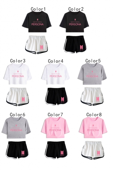 New Sale BTS Idol Casual Letters Print Short Sleeve Crop Tee with Elastic Dolphin Shorts Two Piece Set