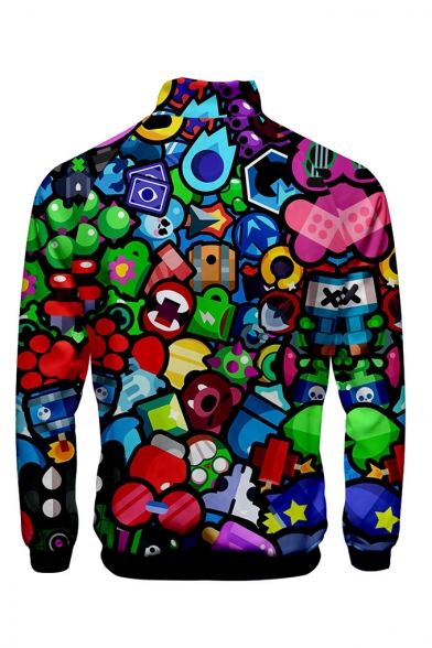 New Stylish 3D Comic Printed Rib Stand Collar Long Sleeve Zip Placket Casual Baseball Jacket