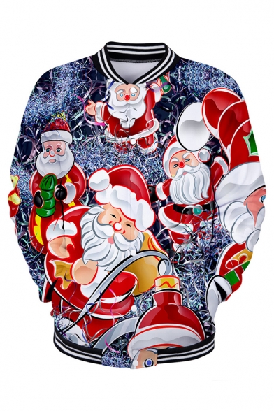 New Stylish Christmas Figure Printed Stand Collar Long Sleeve Button Down Baseball Jacket