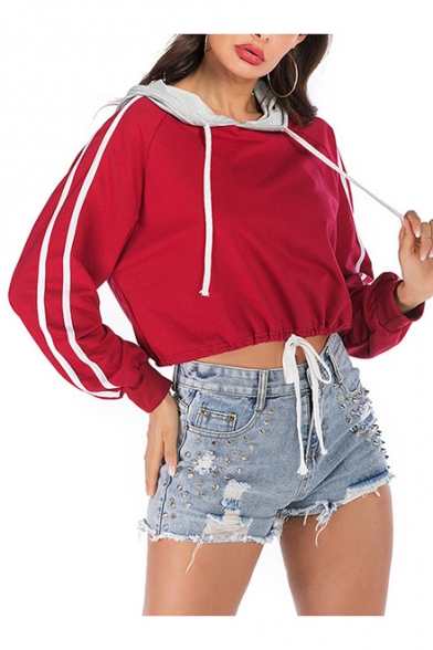 

New Stylish Color Block Striped Long Sleeve Burgundy Cropped Hoodie, LM557220