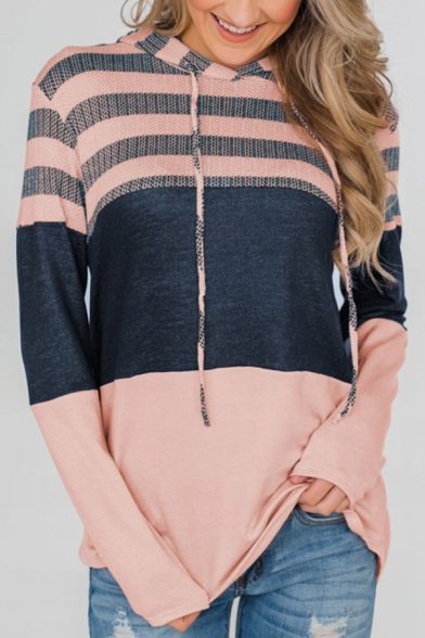 New Stylish Color Block Striped Print Long Sleeve Hoodie