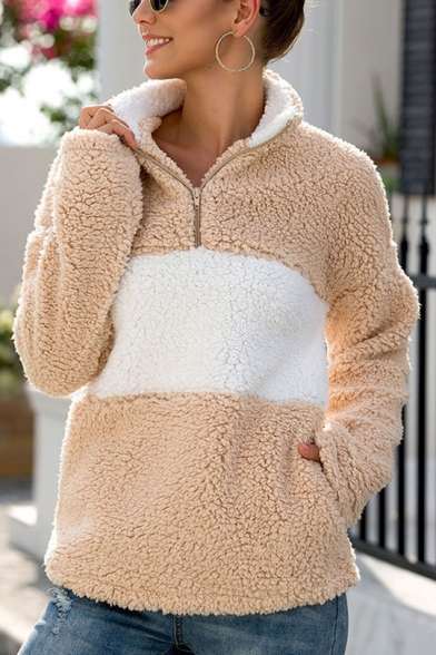 New Stylish Half-Zip Stand Collar Color Block Long Sleeve Fluffy Teddy Pullover Sweatshirt