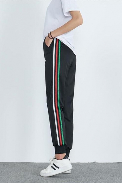 New Stylish High Drawstring Waist 3-Stripe Elastic Ankle Detail Black Casual Harem Sweatpants