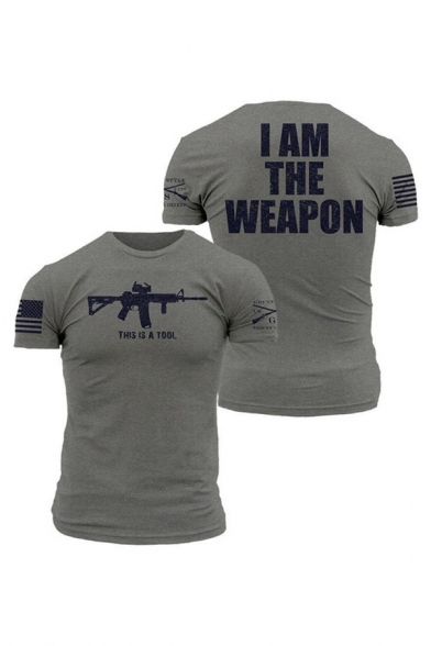 New Stylish Letter I AM THE WEAPON Gun Printed Short Sleeve Round Neck T-Shirt