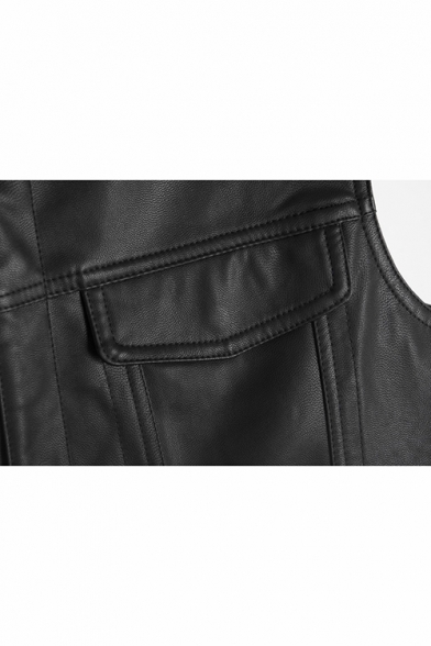 New Stylish Simple Plain Stand Collar Sleeveless Press-Stud Button Down Black Leather Moto Vest