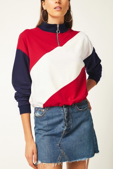 New Stylish Stripe Zipper Front Stand Up Collar Color Block Long Sleeve Red Sweatshirt