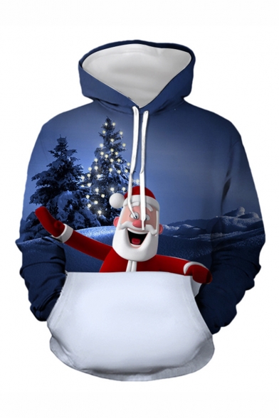 New Trendy Christmas Santa Claus 3D Printed Long Sleeve Loose Fit Navy Drawstring Pullover Hoodie with Pocket