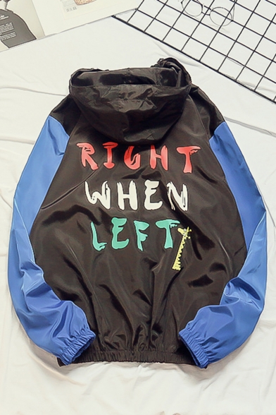New Trendy Funny RIGHT WHEN LEFT Letter Print Colorblock Long Sleeve Zip Up Hooded Jacket For Men