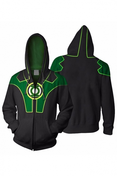 New Trendy Green and Black Comic Cosplay Costume Zip Front Fitted Hoodie