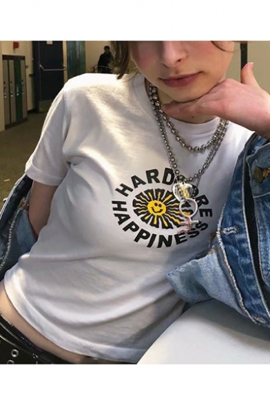 New Trendy HAPPINESS Letter Sunflower Print White Short Sleeve Fitted Crop Tee