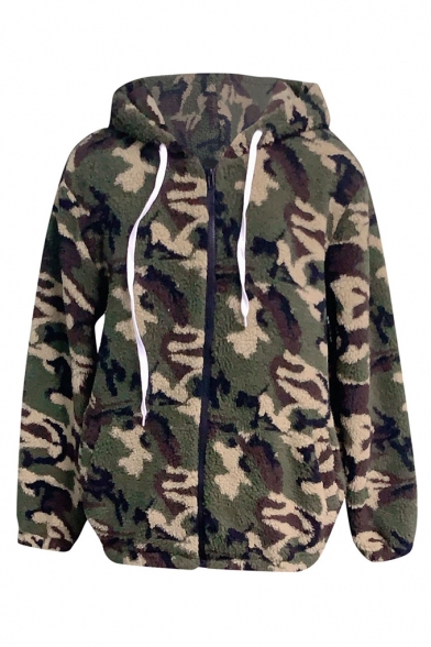 New Trendy Leisure Camouflage Pattern Zip Up Long Sleeve Loose Hooded Shearling Coat