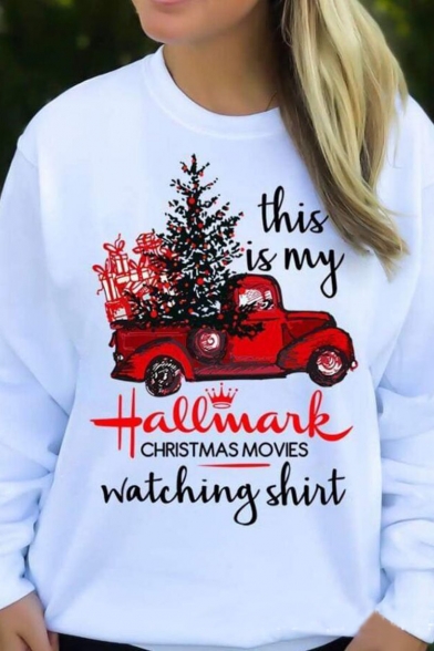 New Trendy White Long Sleeve Round Neck Christmas Movies Letter Pullover Sweatshirts