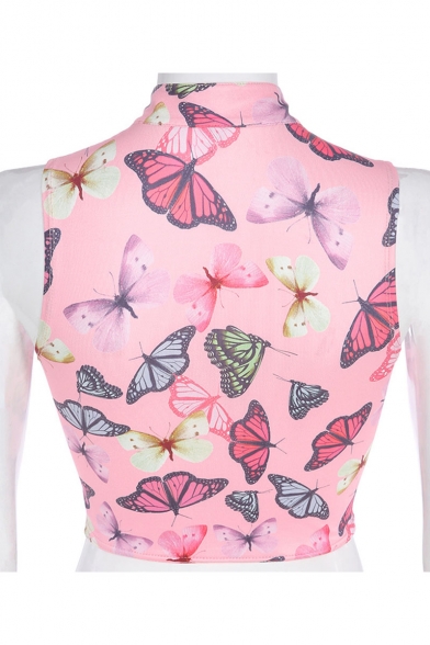 Pink Sleeveless Zipper Front Butterfly Printed Slim Fitted Cropped Tank Tee