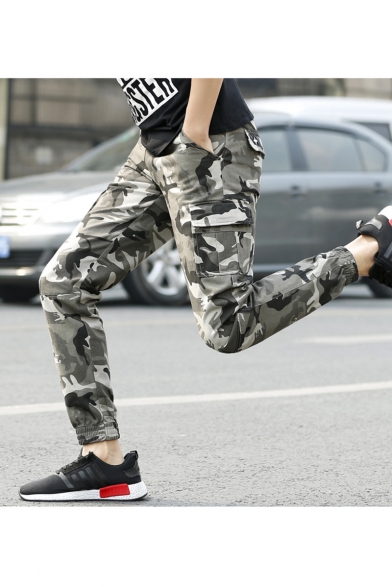 Popular Camouflage Printed Outdoor Straight Slim Casual Cargo Pants with Side Pocket