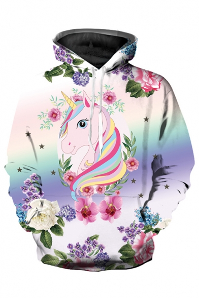 Popular Fashion Floral Cartoon Unicorn Printed Long Sleeve Unisex Casual Loose Hoodie