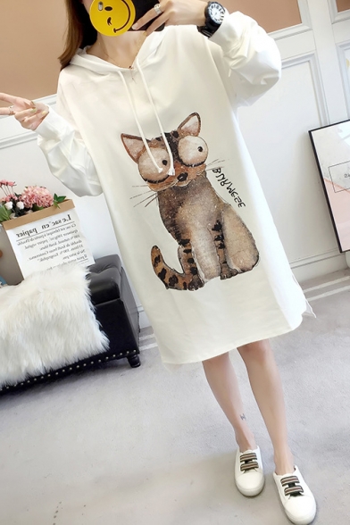 Popular Letter Cat Pattern Long Sleeves High Low Hem Slit Side Pullover Hoodie