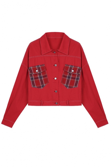 Red Lapel Collar Plaid Pattern Panel Pockets Long Sleeve Street Style Cropped Jacket Coat