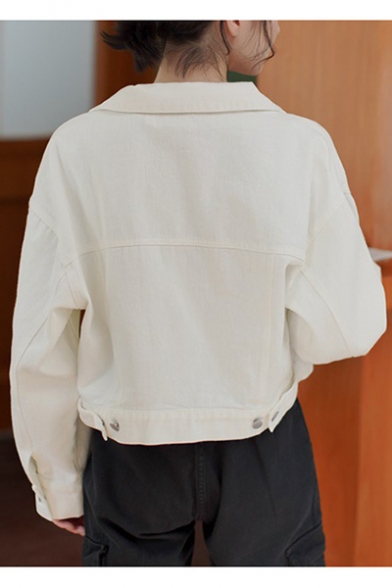 Simple Lapel Collar Flap Pockets Button Placket Cropped Denim Jacket Coat