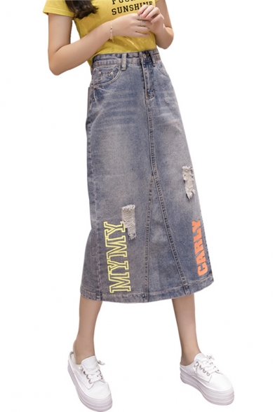 Simple Letter Printed Split Side Mid-Length A-line Denim Skirt with Pocket