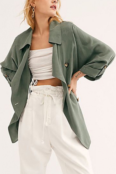 Solid Color Lapel Collar Adjustable Long Sleeve Drawstring Back Trench Coat
