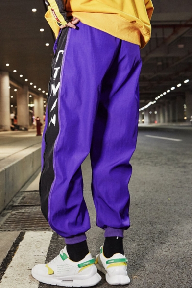Street Style Trendy Colorblock Patched Side Letter TTWAN Printed Purple Casual Loose Track Pants For Guys