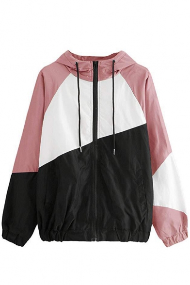 Stylish Color Block Elastic Hem Long Sleeve Zip Up Drawstring Hooded Coat Jacket