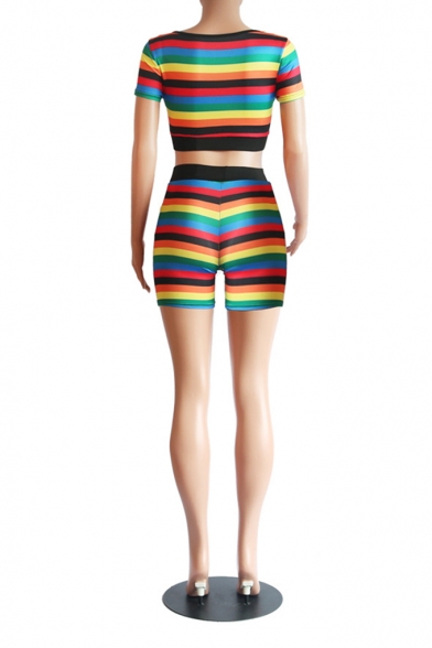 Stylish Rainbow Stripe Printed Short Sleeve Crop Tee with Skinny Shorts Two-Piece Set